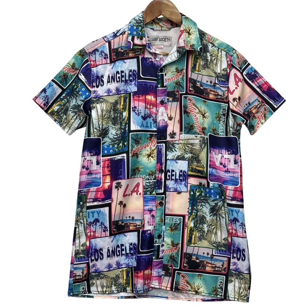 Surf Society Size: M Men Short Sleeve Button Down Graphic LA‎  Shirt Multi Color
